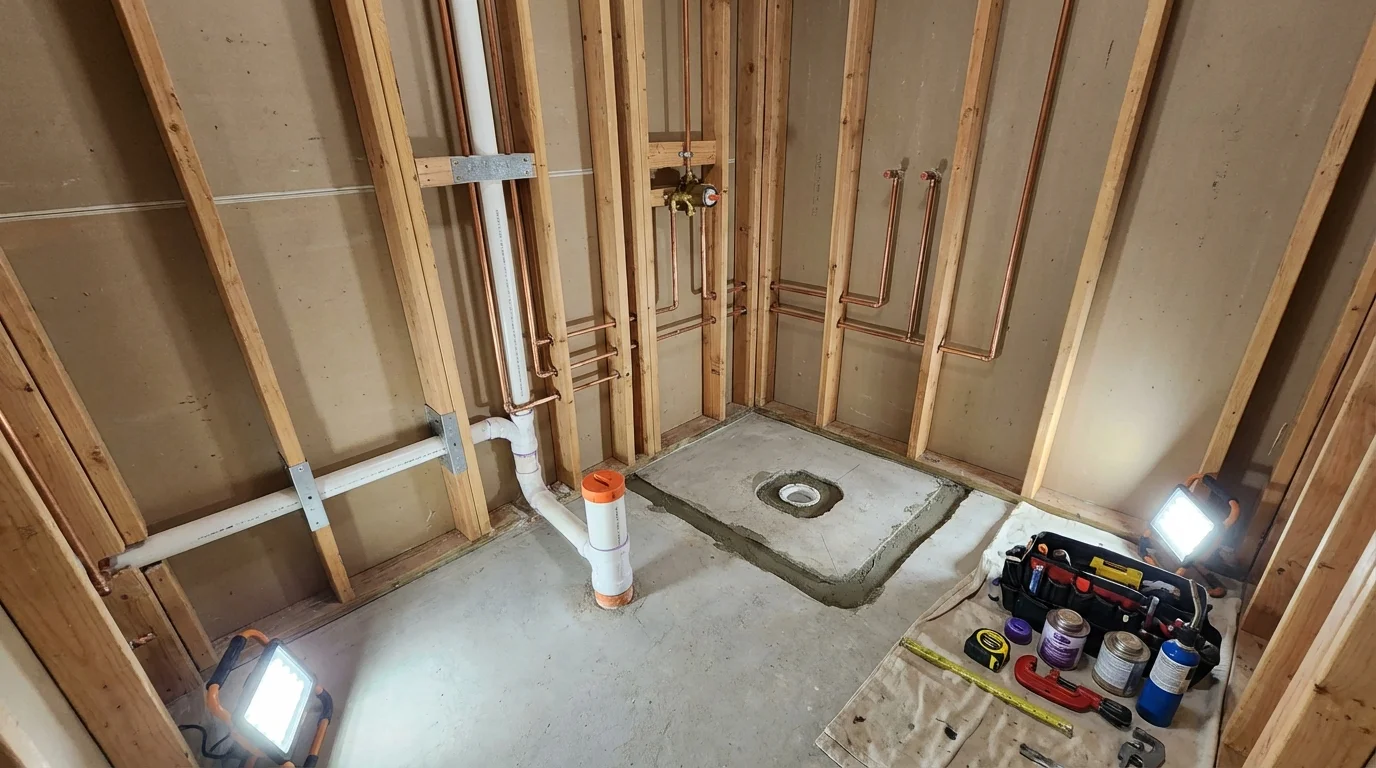 Bathroom rough-in plumbing during remodel by Johns Plumbing LLC in Saranac Lake