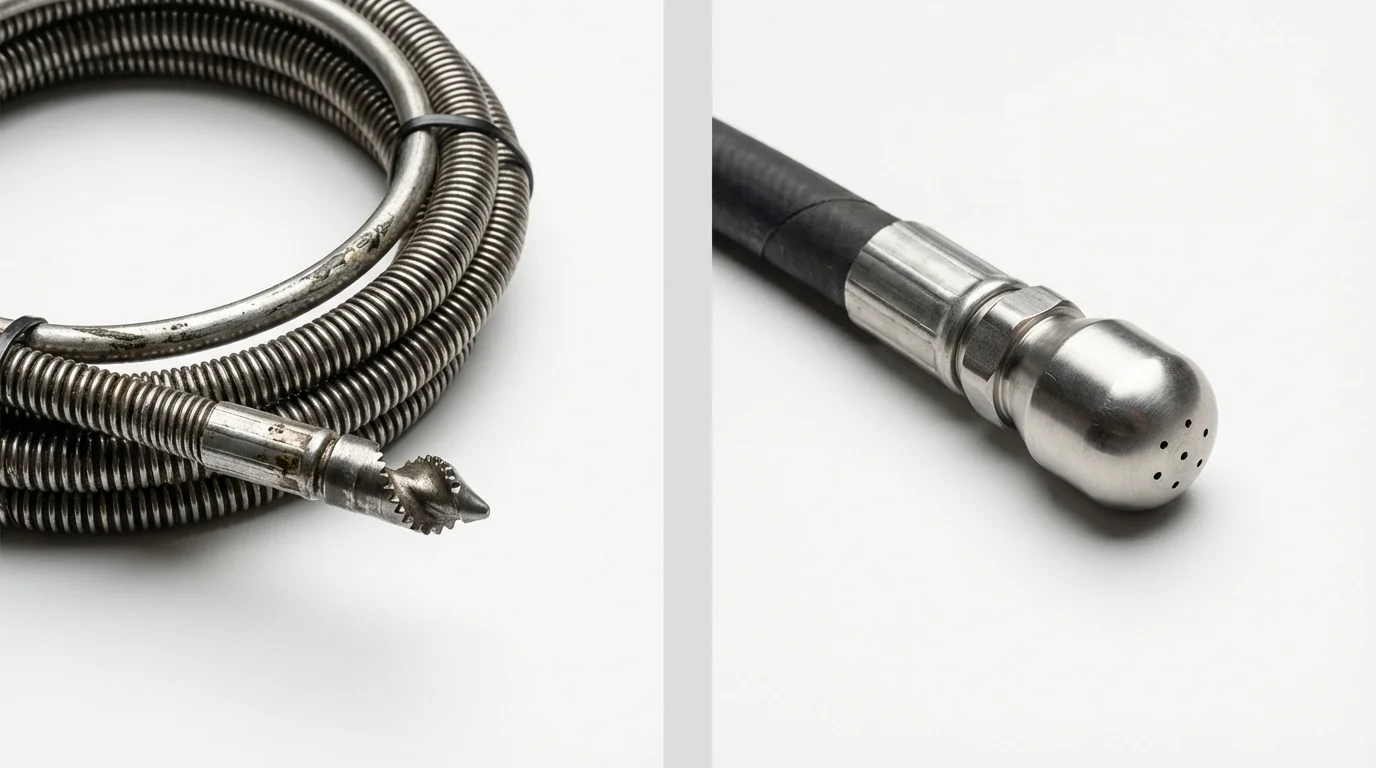 Drain snake cable and hydro jetting nozzle used for drain cleaning in Saranac Lake, NY