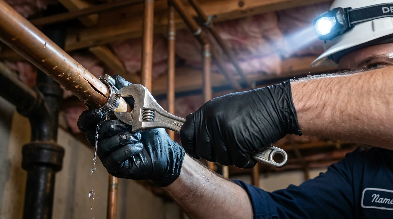 Emergency pipe clamp repair being performed by a Johns Plumbing LLC plumber in Saranac Lake
