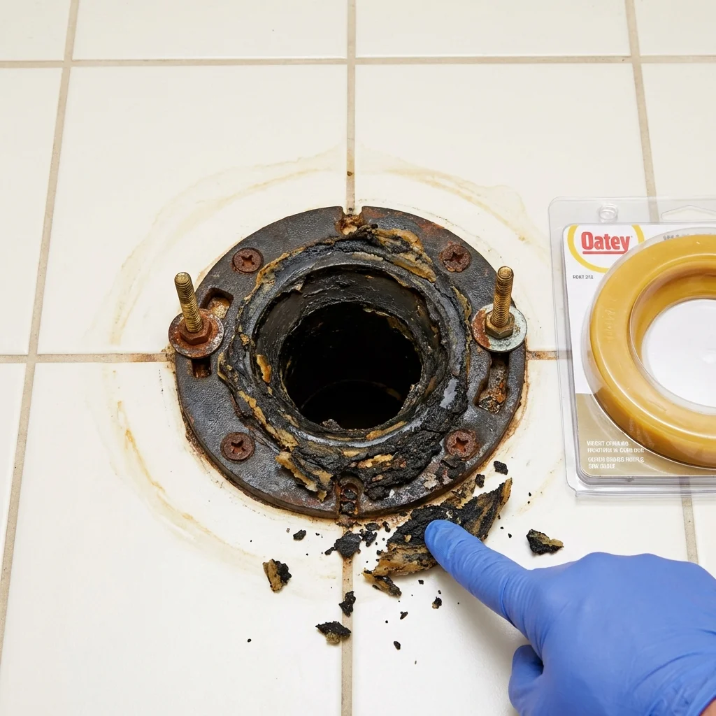 Failed wax ring showing water seepage at the base of a toilet in a Saranac Lake, NY home
