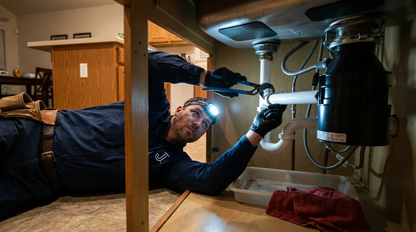 P-trap and supply line connections under a kitchen sink showing a common leak point in Saranac Lake, NY